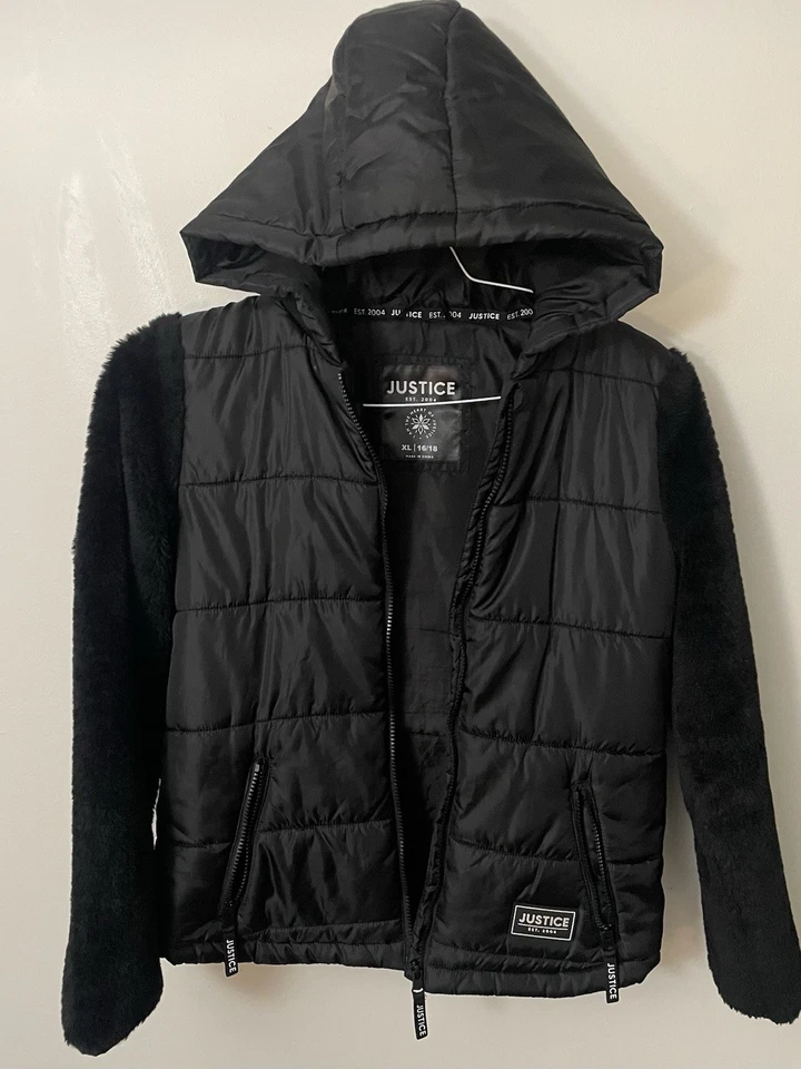 Justice девочек черный пуховик пальто куртка с рукавами из искусственного меха, размер XL-16/18 - Изображение 3 из 4