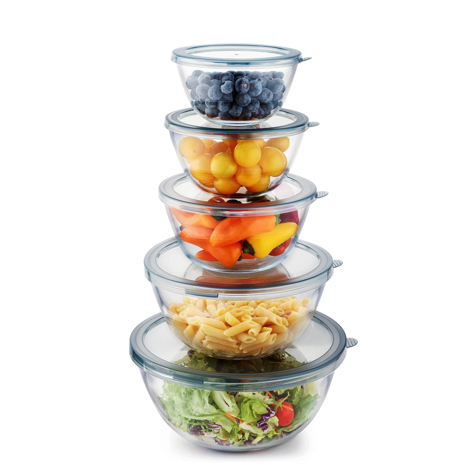 Cuiselect 5pc Glass Mixing Bowls with Lids Set (4.65QT, 5PCS, Transparent