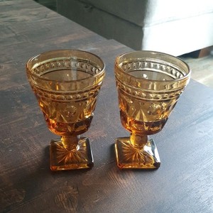 2 Piece VTG MCM Indiana Glass Colony Park Lane Amber Water Wine Goblets - 4.5"