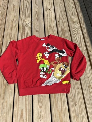 VTG Red Looney Tunes Sweatshirt Taz Marvin Tweety Bugs Bunny Daffy Sylvester M