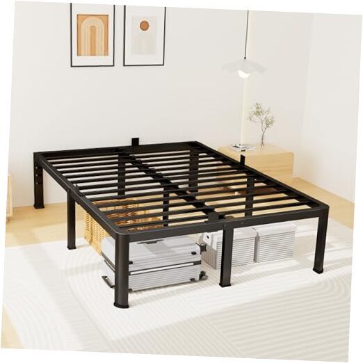 20 Inch Queen Size Metal Platform Bed Frame with Round Corners, Storage Space