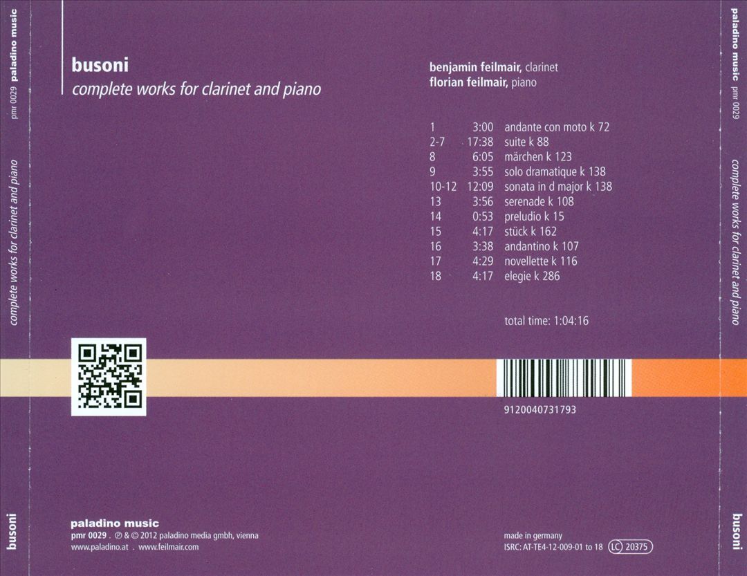 Busoni Complete Clarinet & Piano Works CD Feilmair 2012