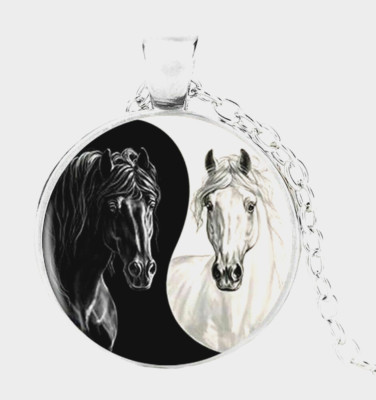 YING YANG BLACK WHITE HORSE ART pendant on 20'' Sterling Silver 925 necklace