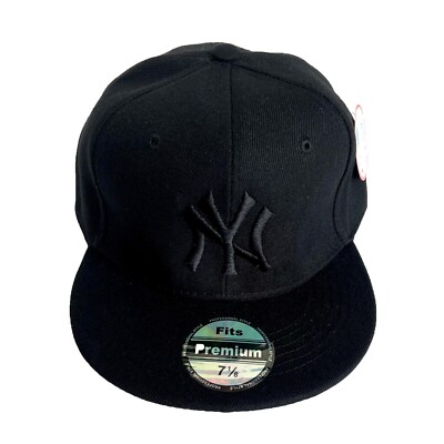Mens New York Yankees Baseball Cap Fitted Hat Flat Brim Multi Size All Black NEW