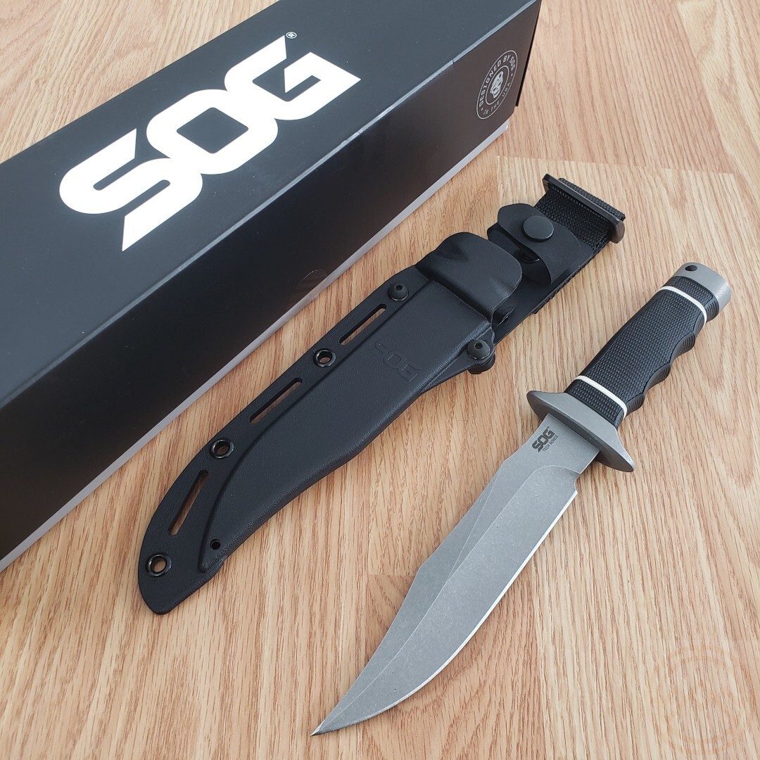 SOG Tech Fixed Knife 6.38 Stonewash Finish AUS-8 Steel Blade Black Rubber Handle