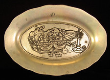 Vintage Metal Oval Serving Tray Bread Plate Decorated w Basket of Fruit & Candle