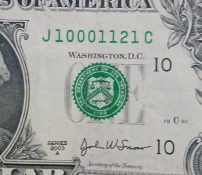 Fancy Serial Number 1$ Dollar Bill True Trinary 10001121 2003A | eBay
