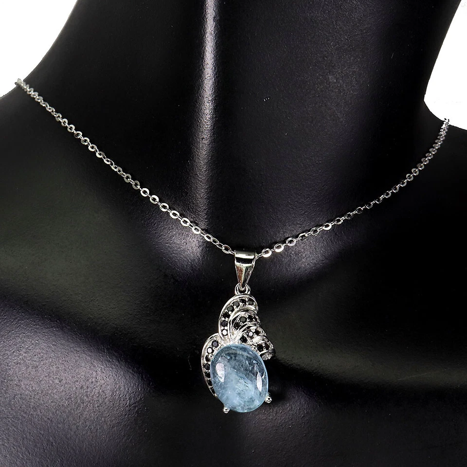 925 Sterlingsilber Halskette Ovaler Aquamarin 10x8mm Spinell Edelstein Schmuck - Bild 1 von 4