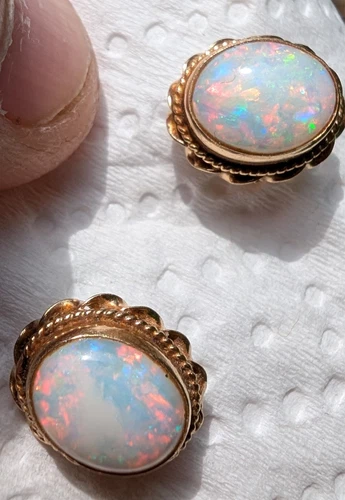 AMAZING FIRE! antique / vintage Australian white opal & 14k gold earrings