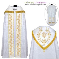 White Cope & Stole Set with IHS embroidery,capa pluvial,far fronte