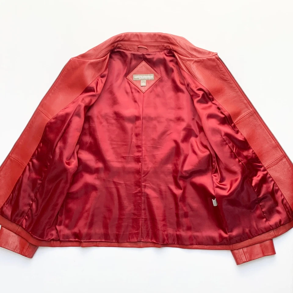 Chaqueta de Colección Años 90 Principios de 2000 Roja Ajustada Cuero de Cordero Suave Cuello con Cremallera M L Foto 3 de 4