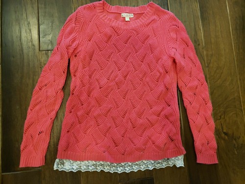 Womens Juniors Pink Sweater White Lace Size Large EUC | eBay