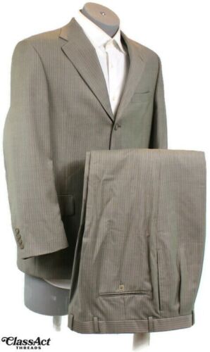 Austin Reed Mens Wool 2 Pc Suit Tan Striped 3 Btn 40R Pleated Fronts 34" Waist