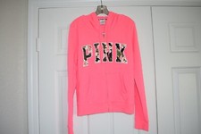 Victoria's Secret PINK Size L Neon Pink Zipper Front Hoodie Jacket Flower Design