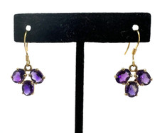 Solid 14K Yellow Gold Oval Amethyst 3 Stone Dangle Earrings