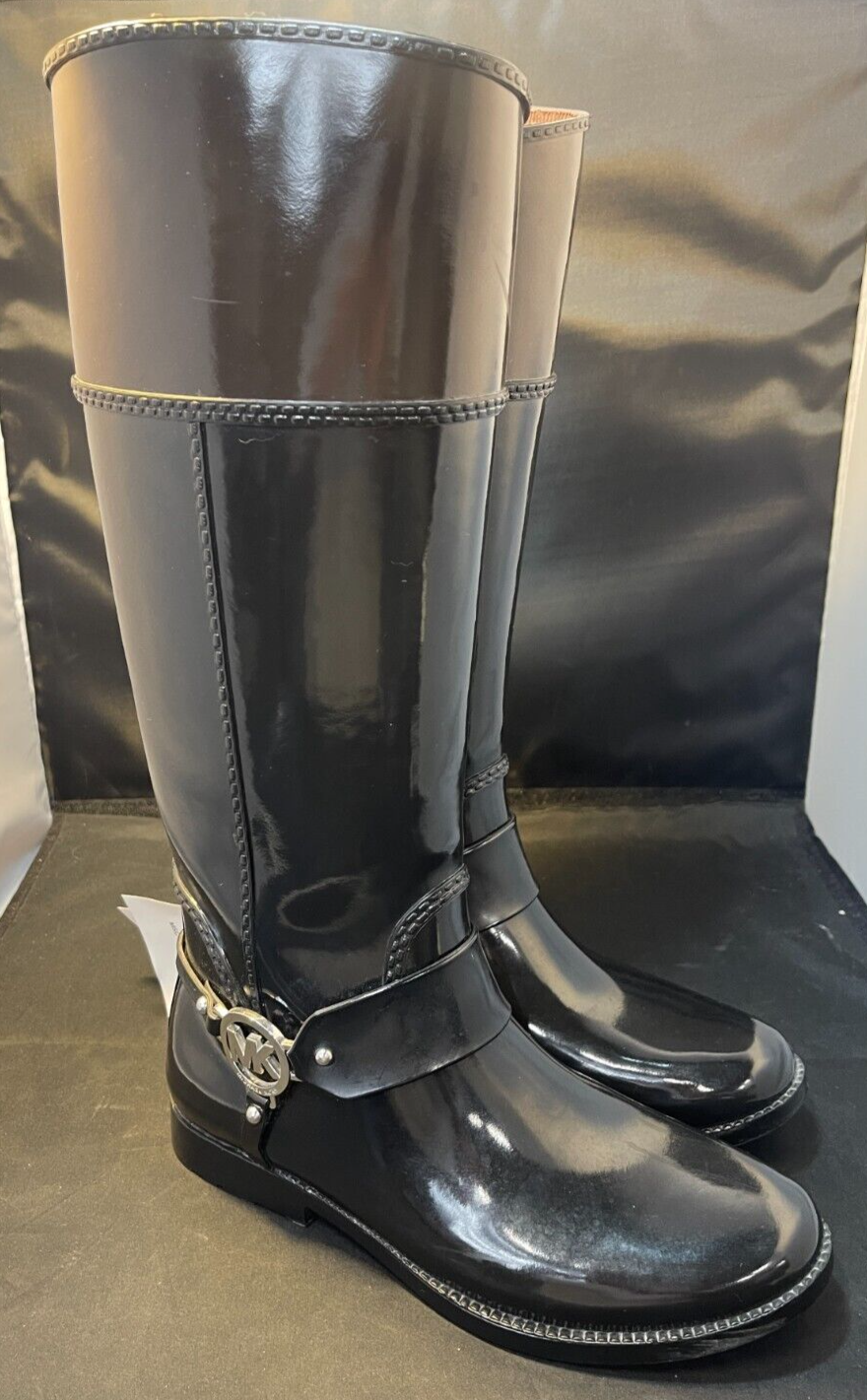 Michael Kors Fulton Harness Tall Rain Boots for Women in Black Brown Size 9M