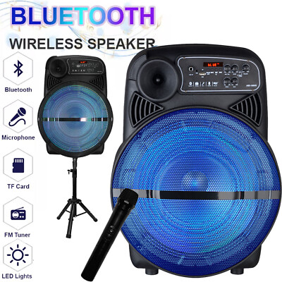 15'' Woofer Portable Party Bluetooth Speaker w/LED Lights Stand Wireless Mic FM