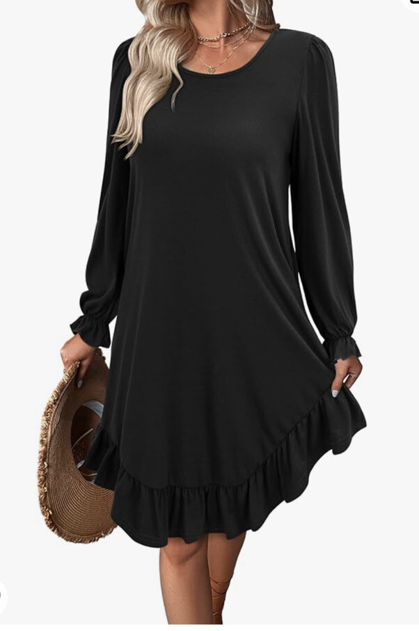XL BLACK Women's Tunic Dresses Crewneck Puff Sleeve Ruffle Hi-Low Hem Loose Swin XL BLACK Women's Tunic Dresses Crewneck Puff Sleeve Ruffle Hi-Low Hem Loose Swin