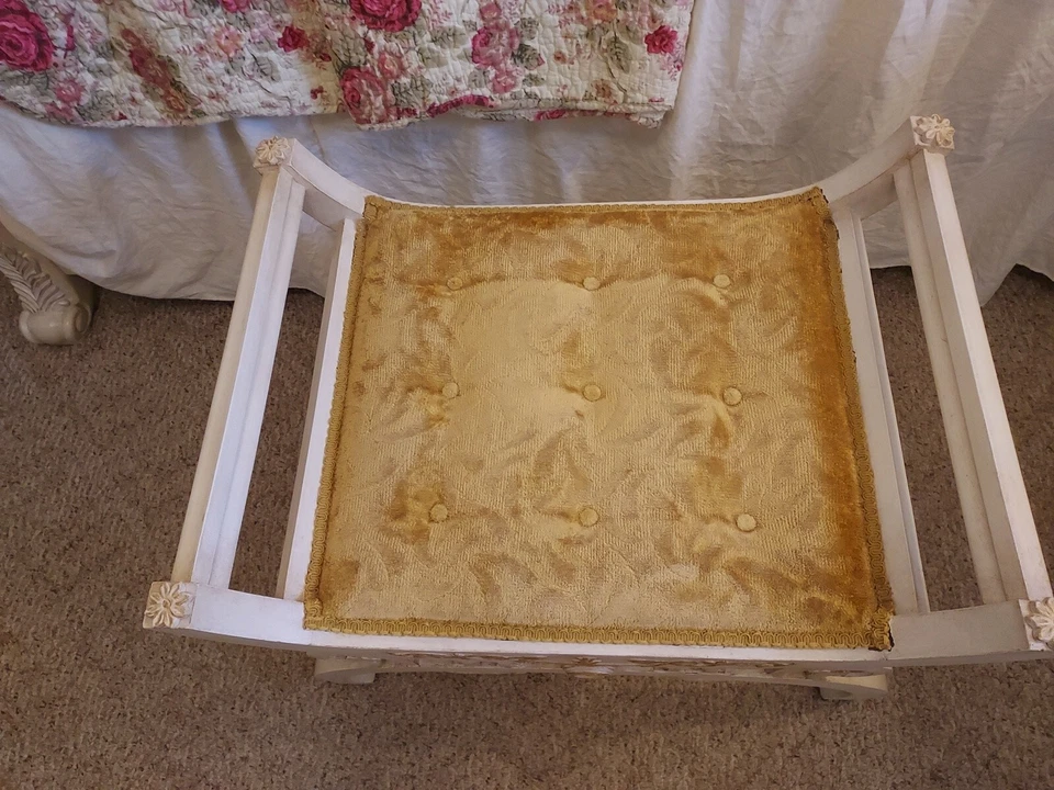 Banqueta de banco vintage francesa country art nouveau cadeira vaidade gasto e chique - Imagem 3 de 4