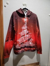 Christmas Hoodie Pullover Tree Flying Reindeer Stars Red Ombre Pocket Size L