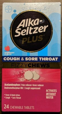 Alka Seltzer Plus Cough & Sore Throat FizzyChews Raspberry Flavor Exp. 04/26 New