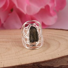 Moldavite Czech Raw Stone Statement Ring 925 Silver Handmade Mandala Ring