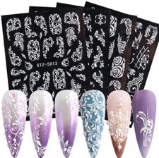 Pure White 5D Embossed Rose Flowers Nail Stickers Water Sliders Manicure Decor