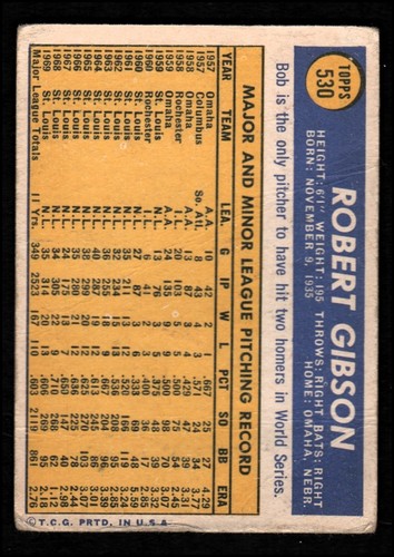 1970 Topps #530 Bob Gibson - G-VG - Picture 2 of 2