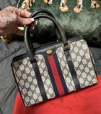 Vintage Gucci Boston Bag GG Supreme Sherry Line PVC Leather Navy Authentic