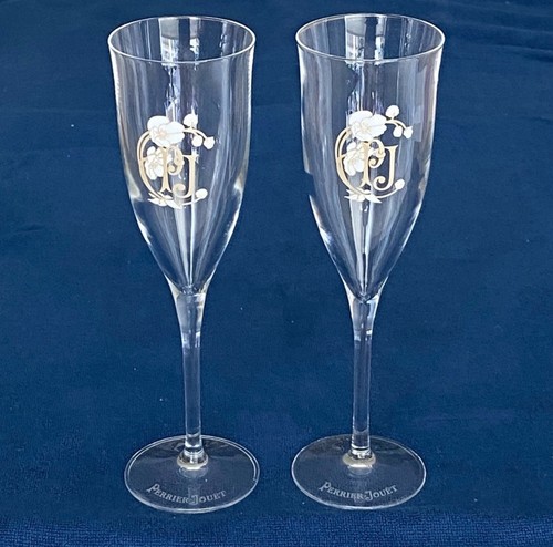 2er Set Perrier Jouet PJ geätzte Blumen Champagner Kristall Gläser 8" hoch signiert