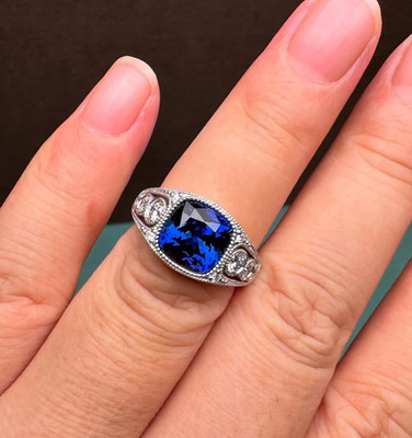 New Vintage Blue Cushion Cut Simulated CZ Bezel 925 Sterling Silver Wedding Ring