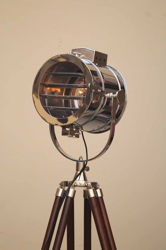Industrial Chrome Finish Spotlight Tripod Floor Lamp – Brown Stand - Picture 6 of 12