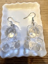Clear Teddy Bear Lucite/Resin Large Charm Dangle Earrings w Silver Plated Hooks