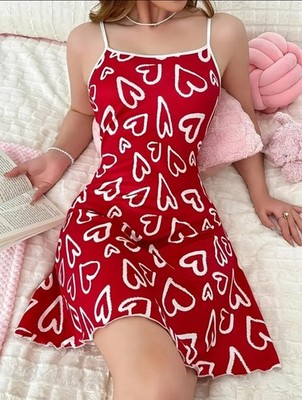Women s 12 Large Red White Heart Cami Swing Dress V-Neck Valentine Sleep