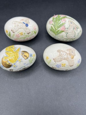 Vintage Hand painted Porcelain Eggs set 4 signed Sweet Romantic Simple