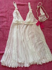 NEW 2pc Betsey Johnson Sheer Babydoll Ivory Pleated Chiffon Lingerie Pink Bows