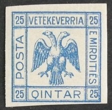 TIMBRES D'ALBANIE : 1921 VETËKEVERRIA  / E MIDRITIËS - 25 QINTAR BLEU - NEUF **