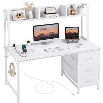 DLisiting White Computer Desk with Hutch & Drawers  Office Desk with 3 Storag...