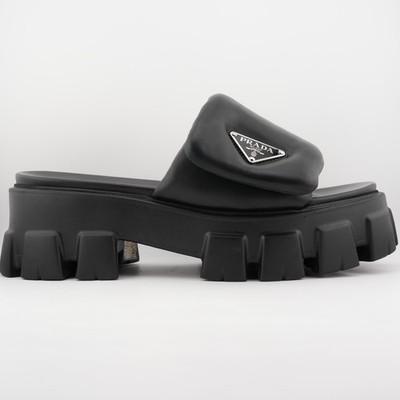 Prada Monolith Platform Sandals Black Leather Women 9