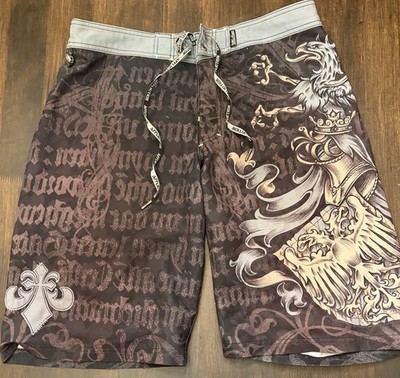 Affliction Y2K Board Shorts Mens 34 Maroon Red Logo Lion Shield Swimming Skull