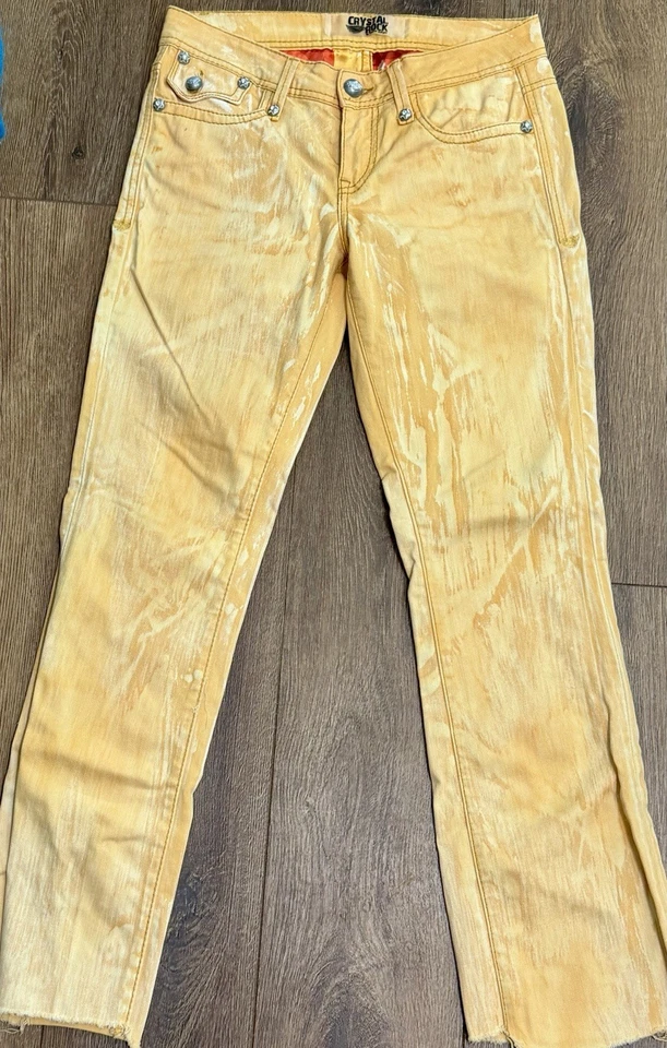 Crystal Rock Christian Audigier Skinny Leg Yellow Raw Hem Streetwear Jeans Sz 30 - Image 3 of 3