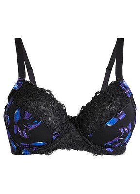 BH mit femininer Spitze Gr. 95 (E) Schwarz Lila Floral Damen-Bra Oberteil Neu*