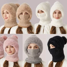3-in-1 Women Knit Hat Winter Beanie Thermal Neck Gaiter Hooded Ear Flaps Cap VZ