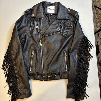 This is a Copperose black faux leather biker jacket with fringe accents Size Med