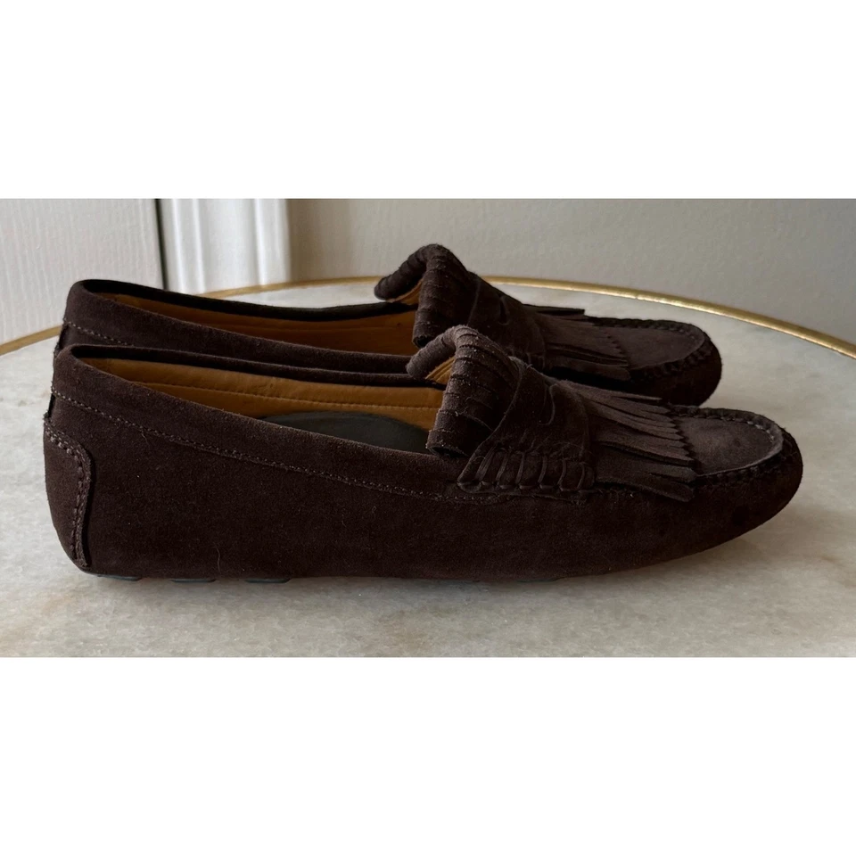 Mocasines Peter Millar marrón oscuro de gamuza con flecos zapatos sin cordones para mujer talla 6 Foto 4 de 4