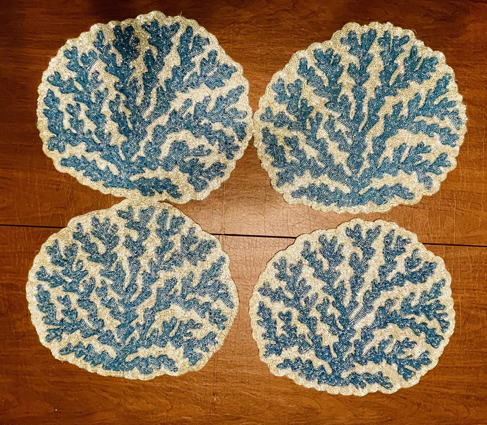 4 Coastal Collection Coral Reef Blue Silver 15" Shaped Beaded Charger Placemat
