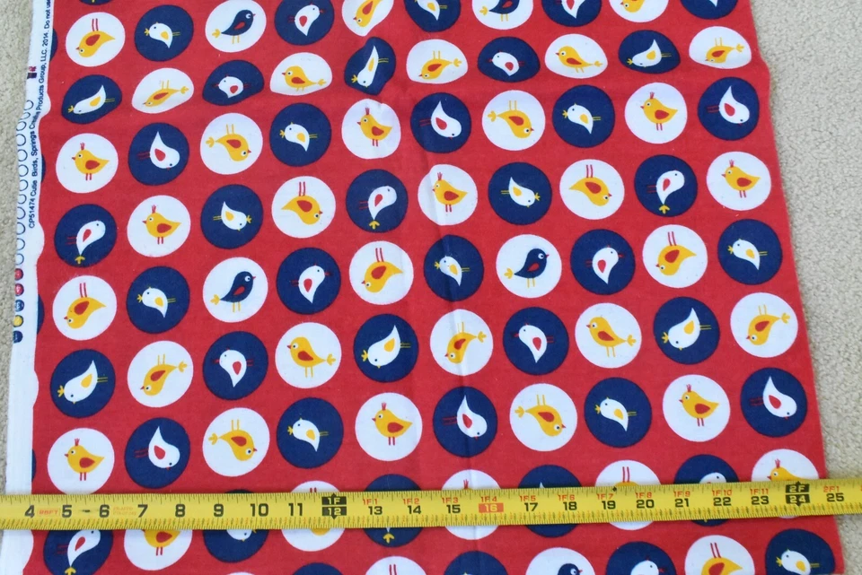 By 1/2 Yd, Yellow White & Blue Cute Bird Patches on Red Flannel, Springs, P7877 - Image 3 of 4