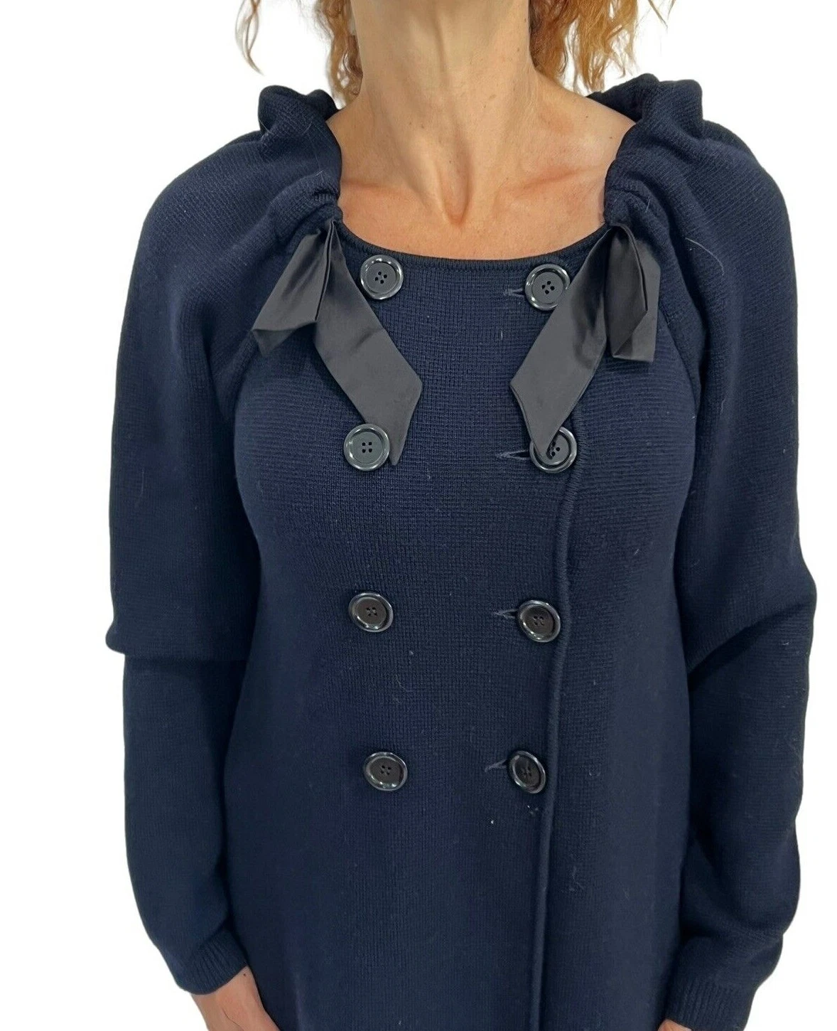 Abito cappotto Moschino blu navy nero fiocco doppiopetto maglia lana M