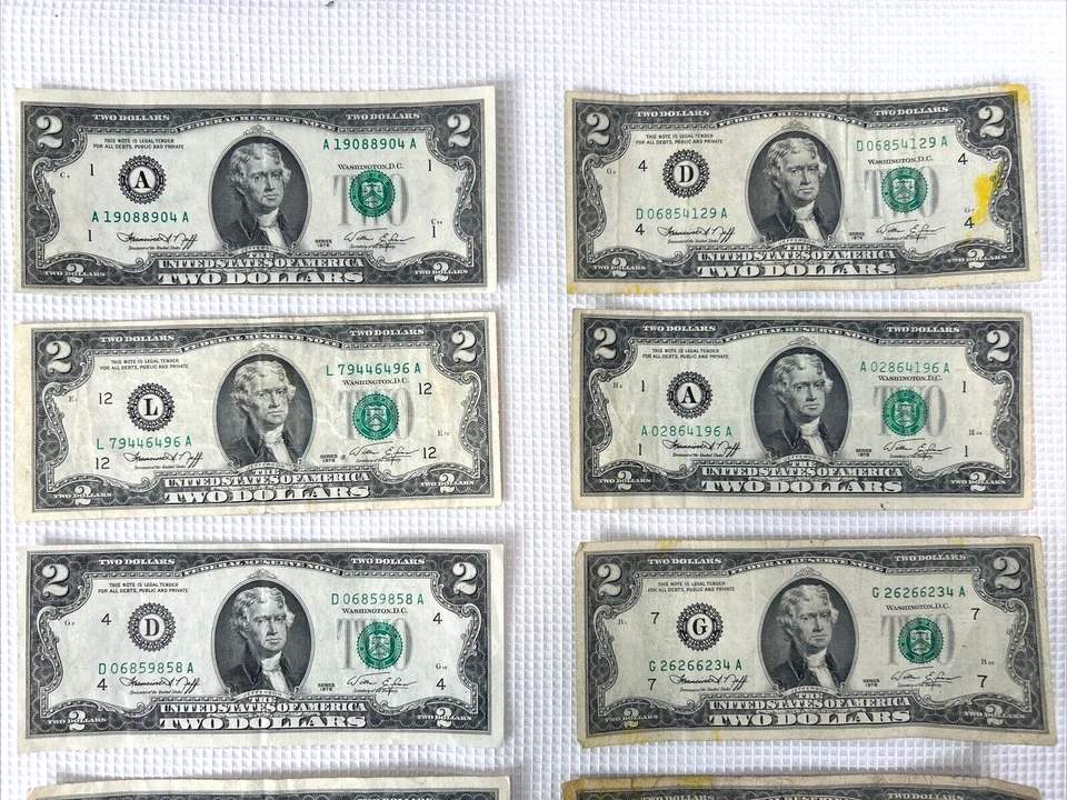 1976 $2 Bank Note 10 Circulated Bills A D F G L Series Duplicate Triplicate # - Image 3 of 4