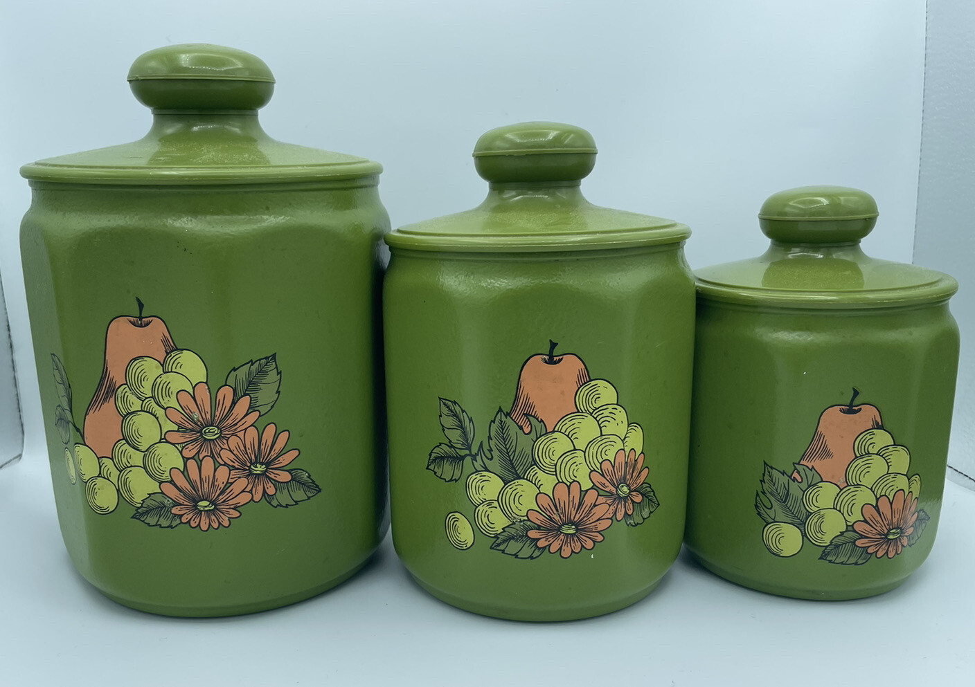 vintage Kromex canister 3 pc set Fruits and Flowers Avocado Green eBay